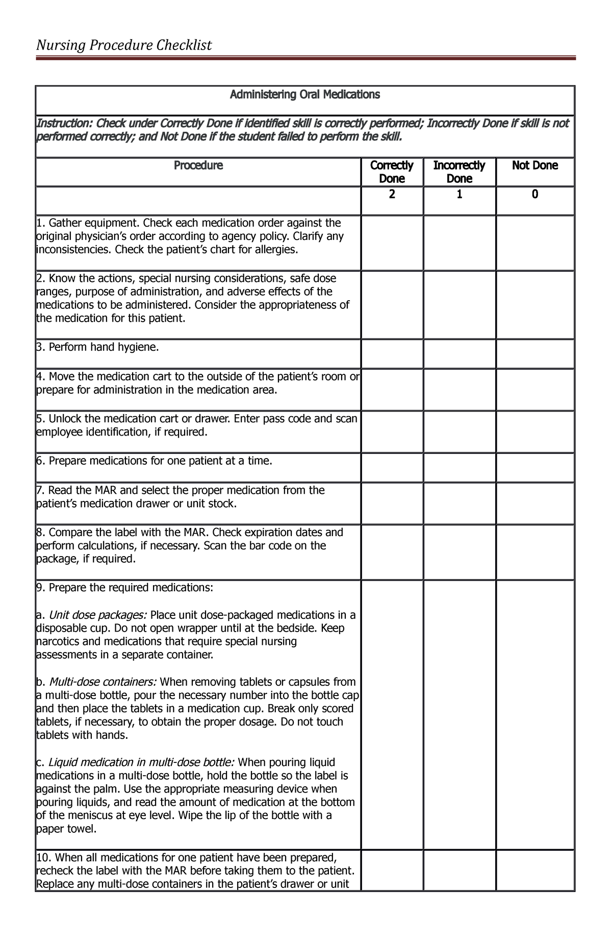 ORAL- Administration- Checklist - Nursing Procedure Checklist ...