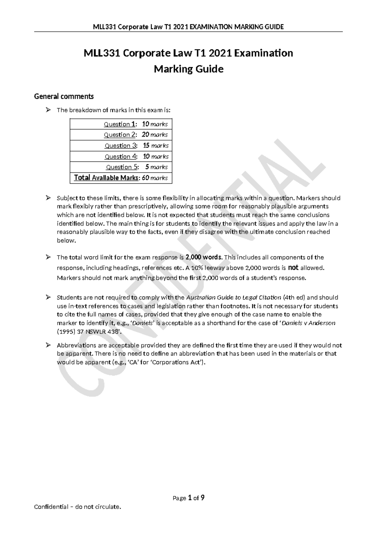 MLL331 T1 2021 Final Exam Marking Guide - MLL331 Corporate Law T1 2021 ...