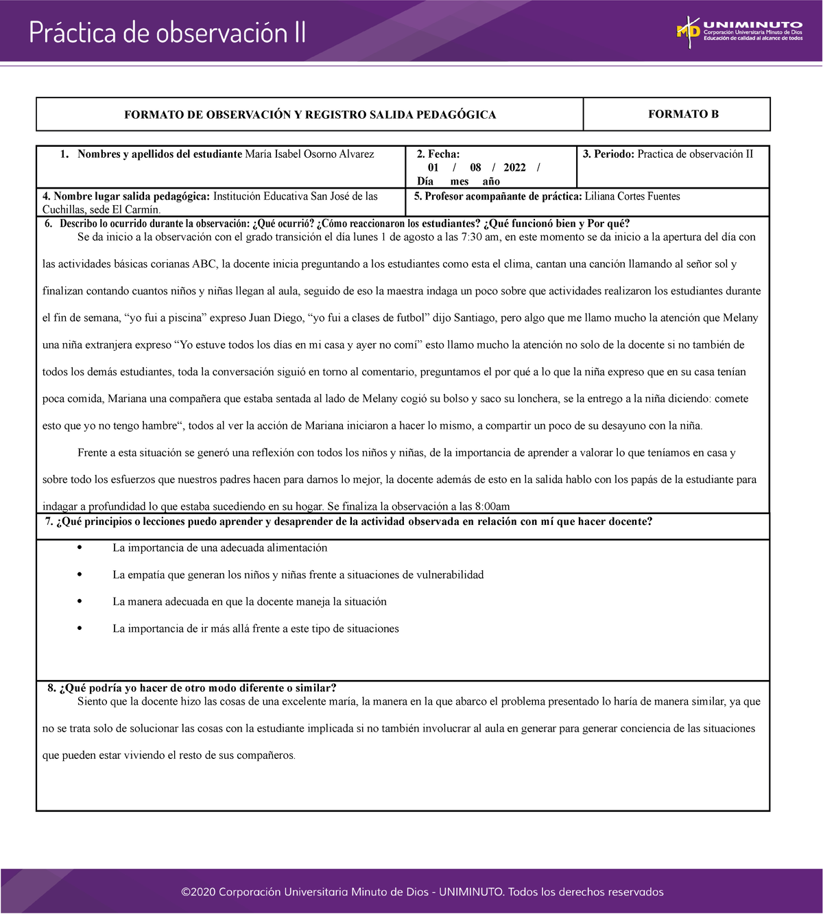 Formato B - FORMATO DE OBSERVACIÓN Y REGISTRO SALIDA PEDAGÓGICA FORMATO ...