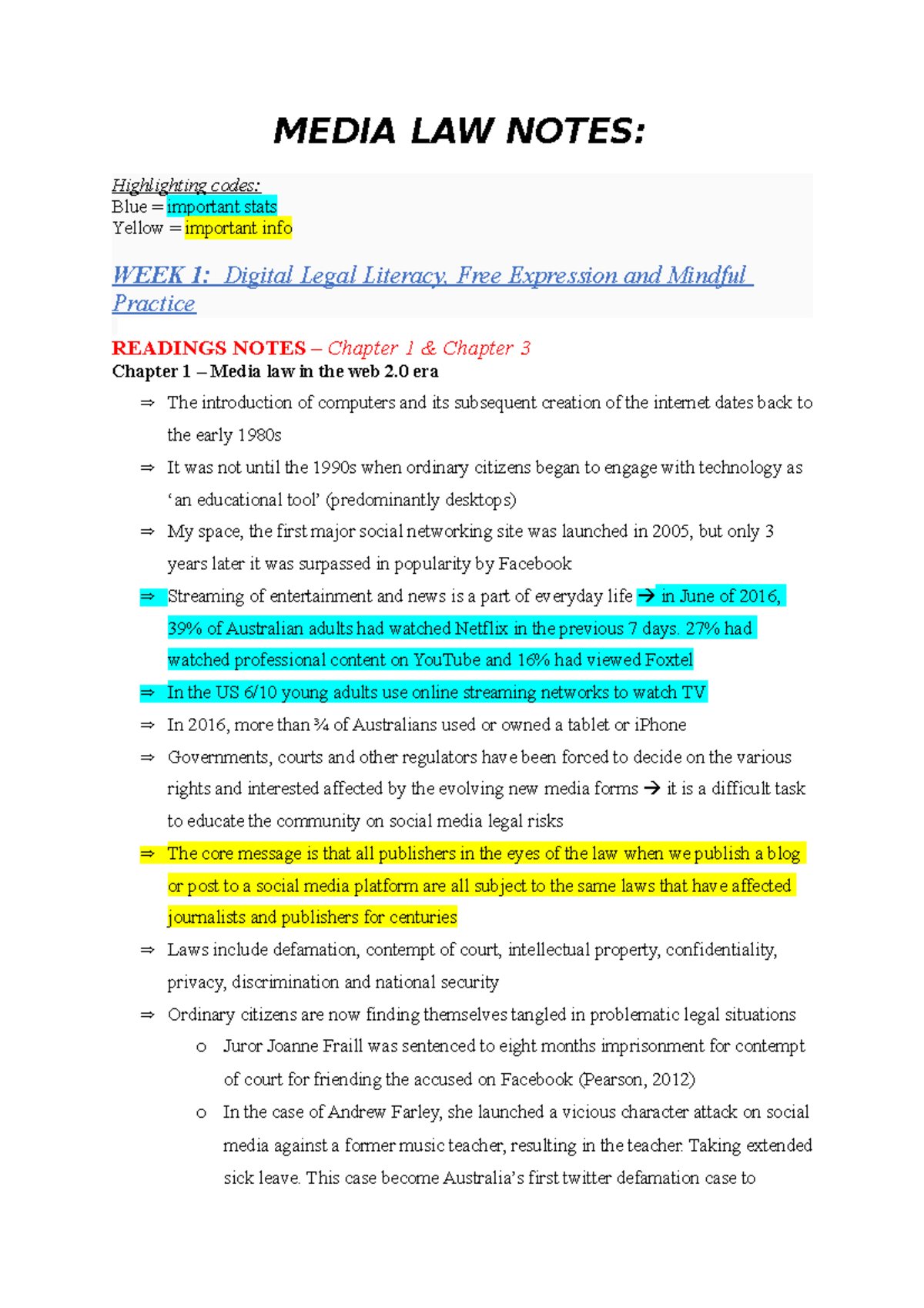 Media LAW Notes - MEDIA LAW NOTES: Highlighting codes: Blue = important ...