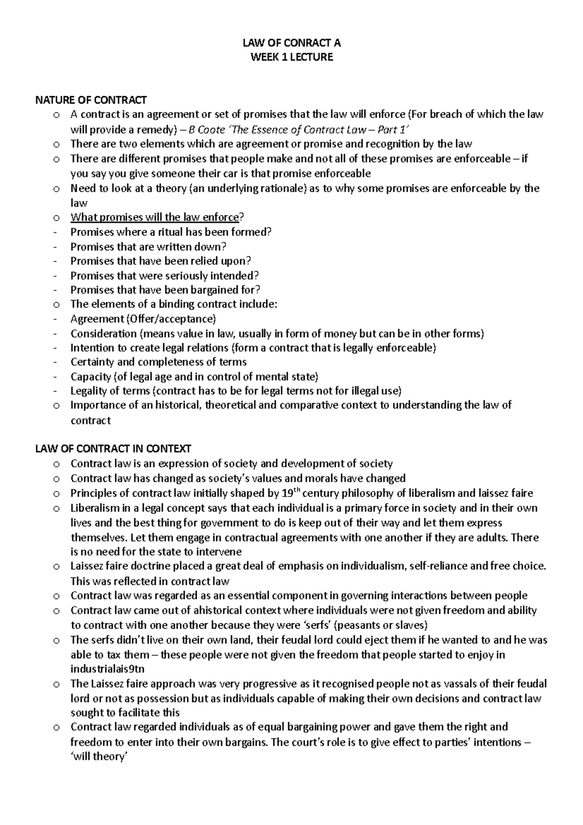 Lecture Notes for Contract Law A (Week 1) - LAW OF CONRACT A WEEK 1 ...