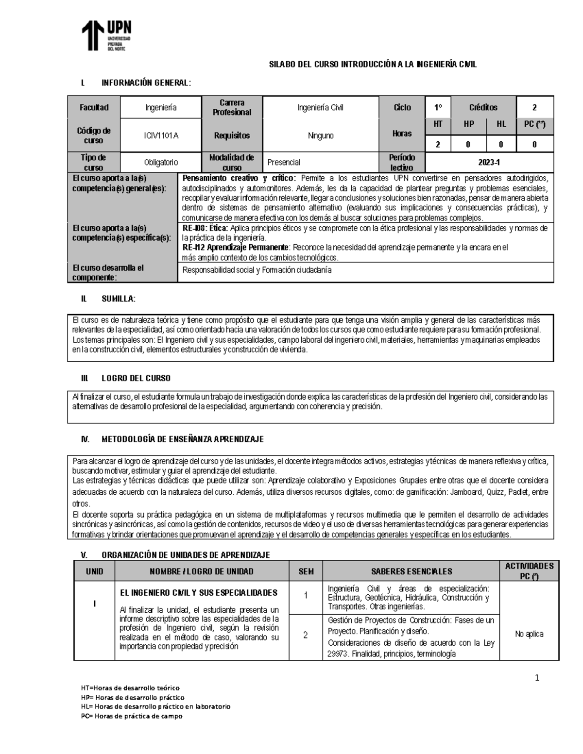 Silabo Introducción A La Ing. Civil - 1 HT=Horas De Desarrollo Teórico ...