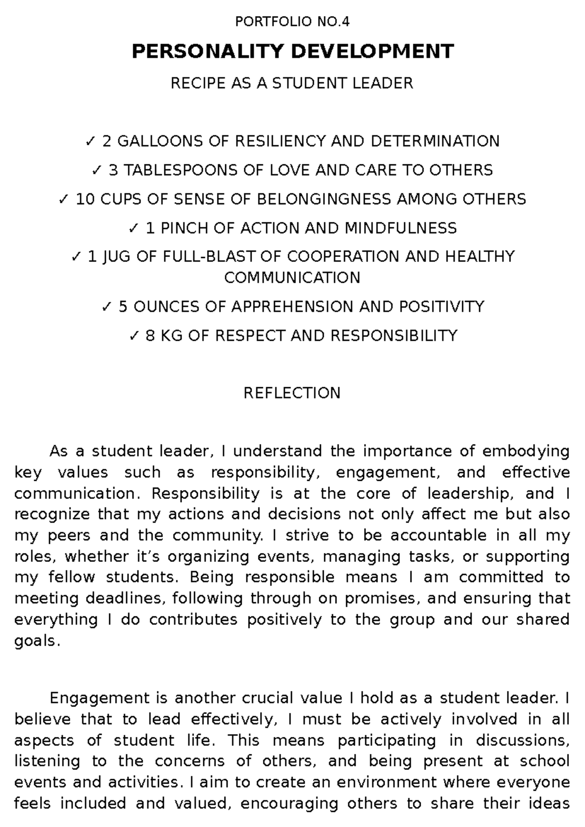 Final - Notes - PORTFOLIO NO. PERSONALITY DEVELOPMENT RECIPE AS A ...