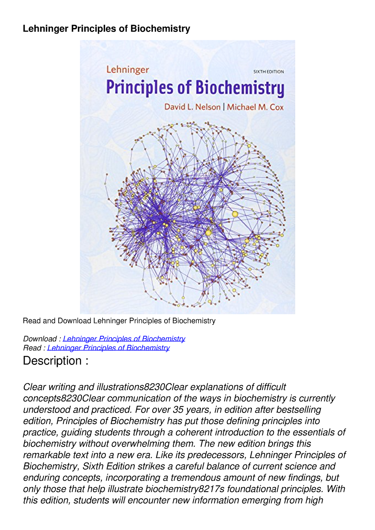 [READ DOWNLOAD] Lehninger Principles Of Biochemistry - Lehninger ...