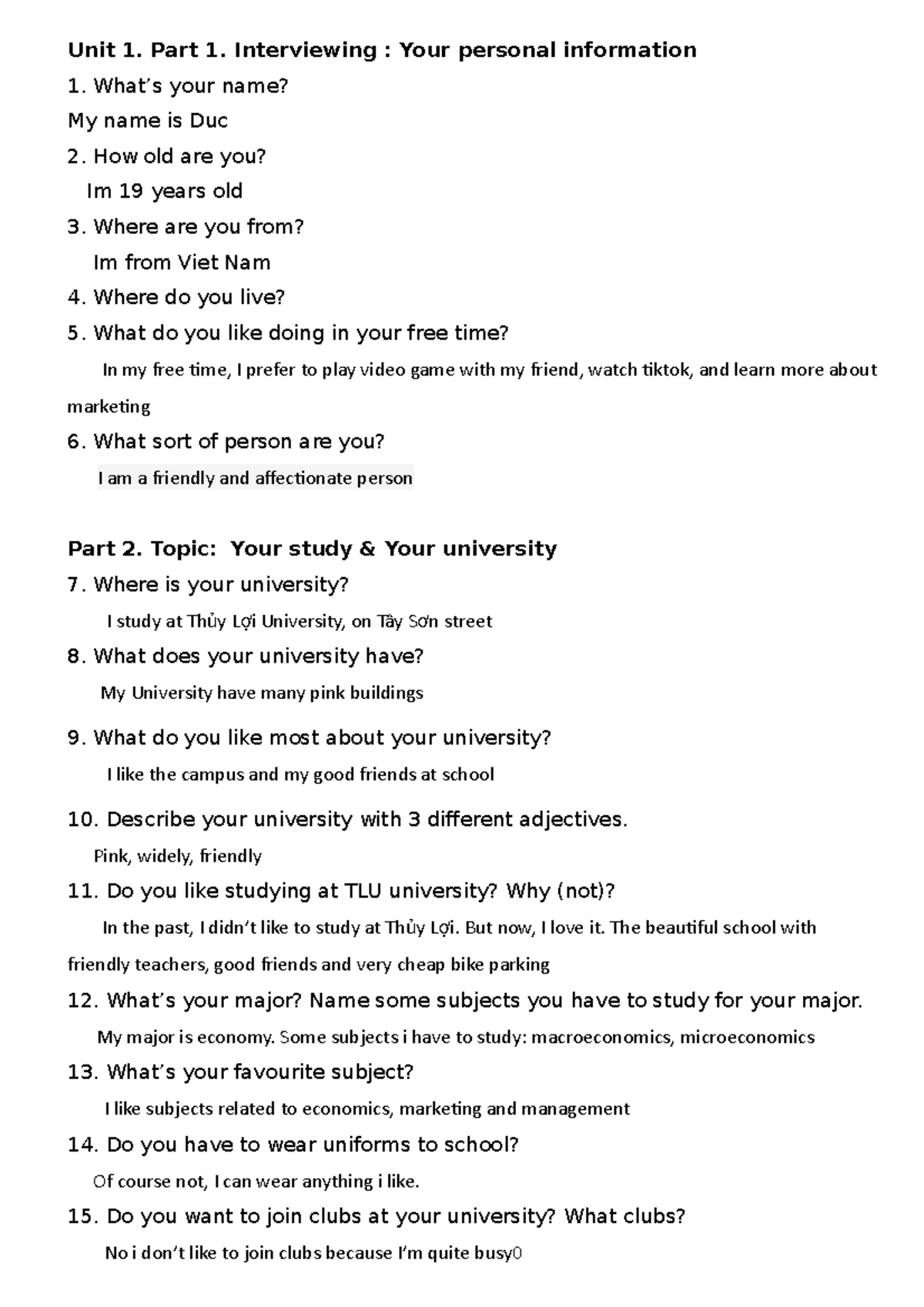 Bài speaking test - Unit 1. Part 1. Interviewing : Your personal ...