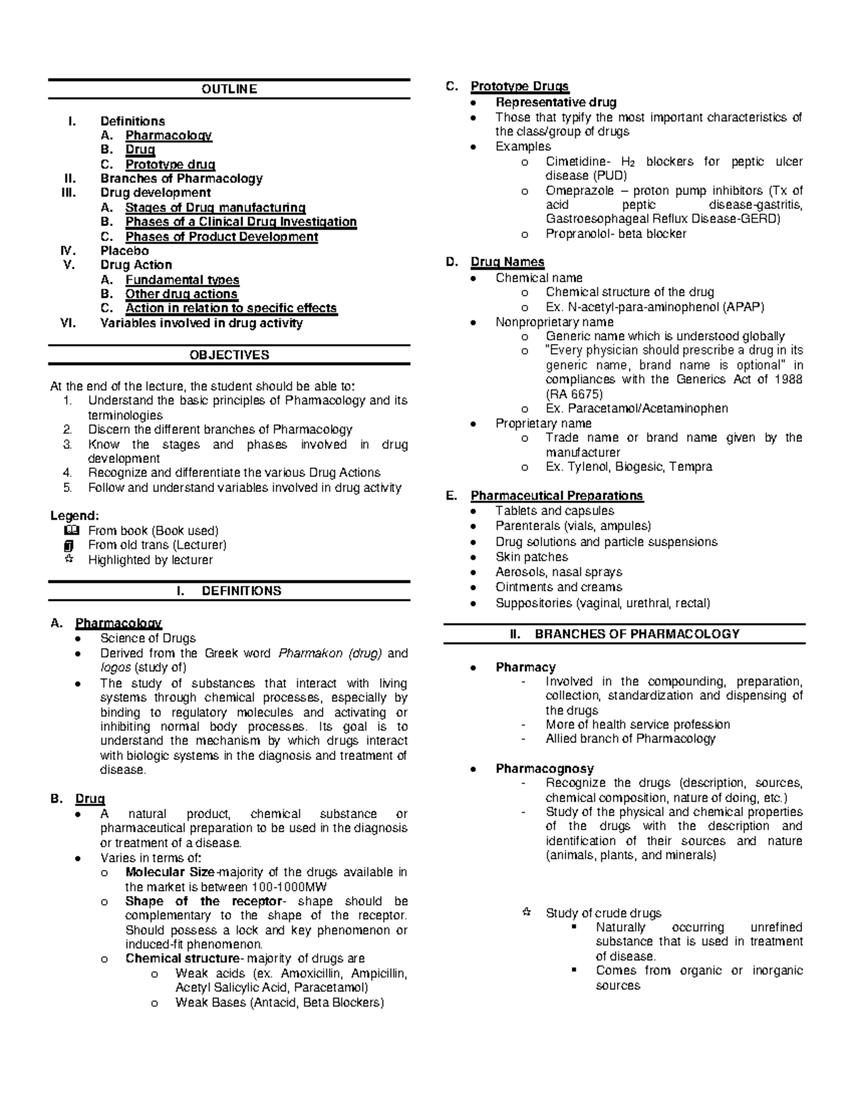 Basic Principles Of Pharmacology - OUTLINE I. Definitions A ...