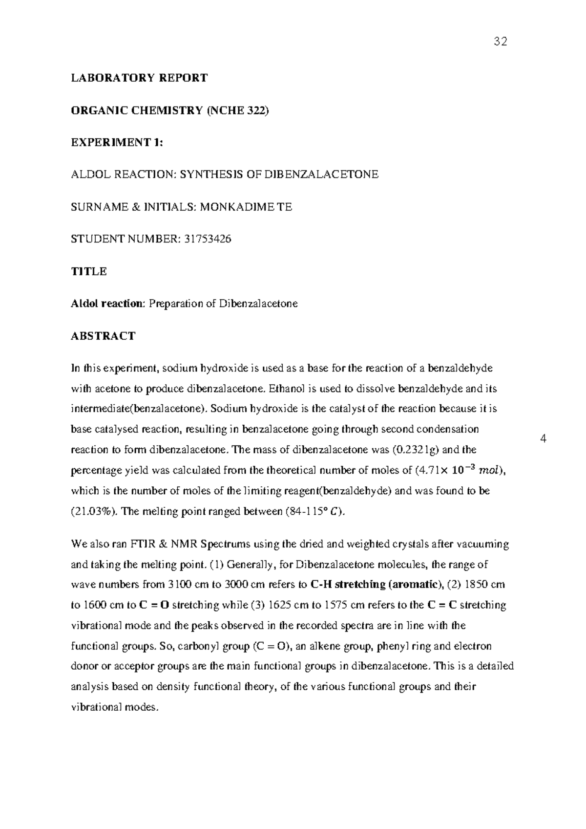 Monkadime TE 31753426 Experiment 1 - LABORATORY REPORT ORGANIC ...
