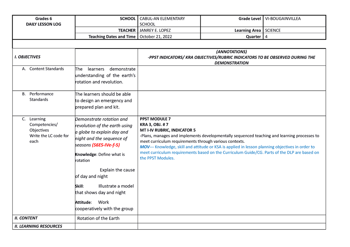 COT DLP Science 6 Earth'S Rotation - Grades 6 DAILY LESSON LOG SCHOOL ...