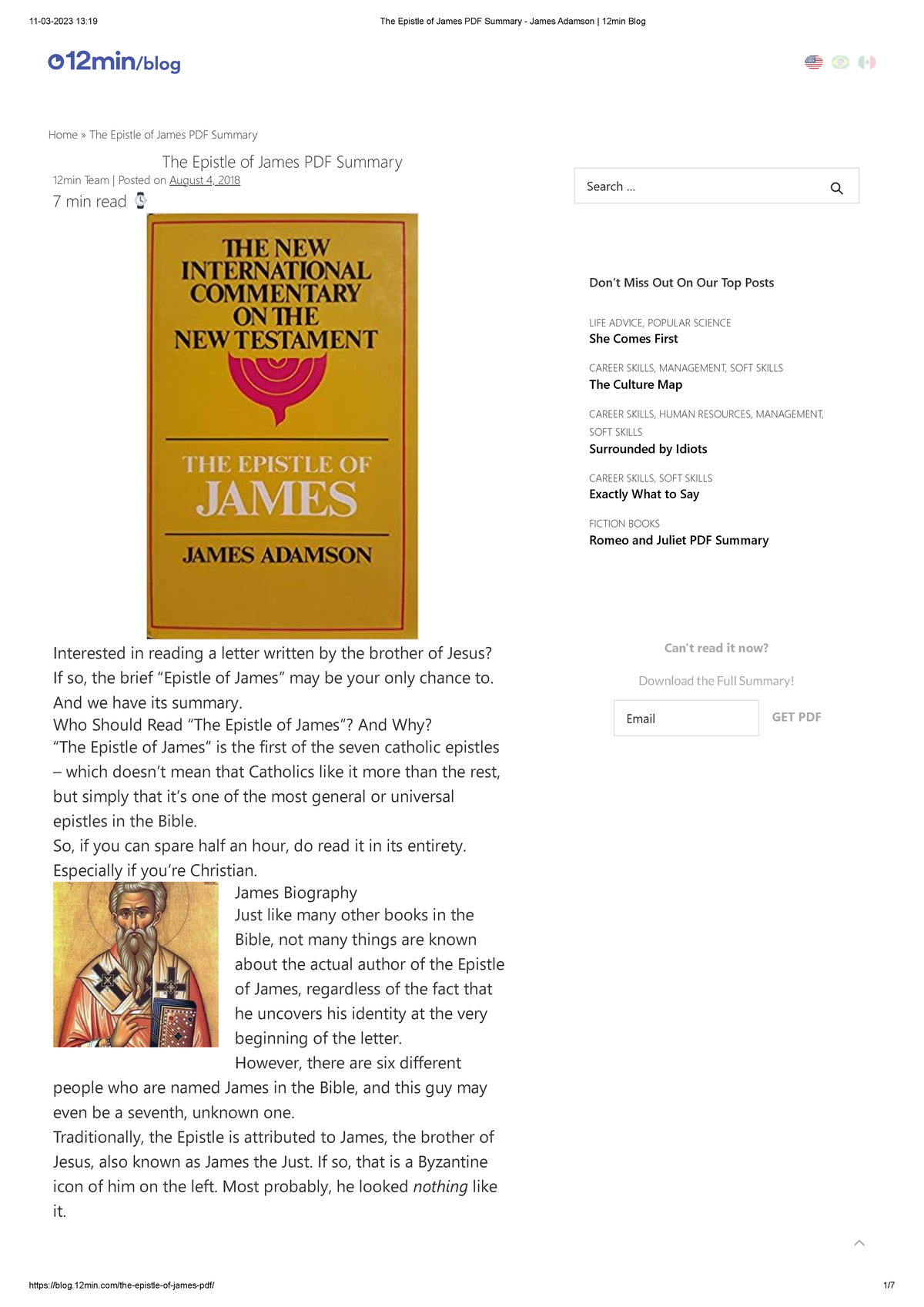 The Epistle of James PDF Summary James Adamson 12min Blog Home » The Epistle of James PDF