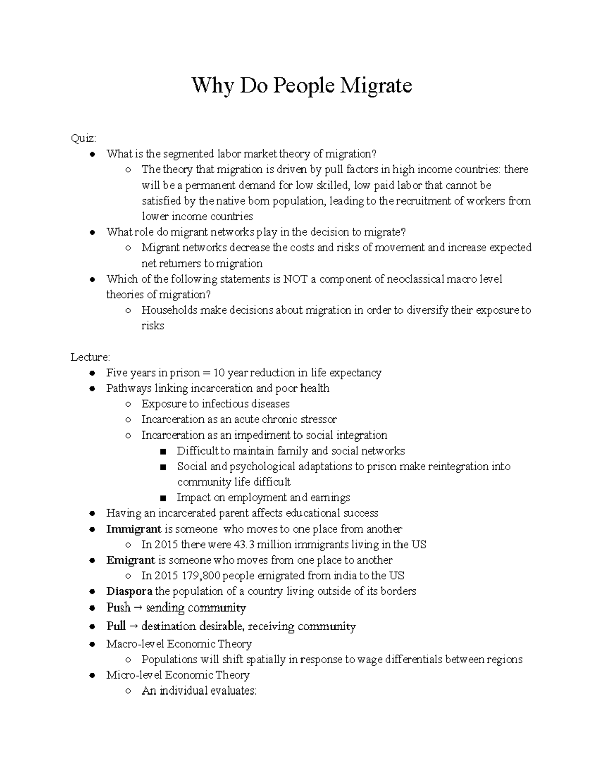 Lecture 20 Why Do People Migrate Why Do People Migrate Quiz What is