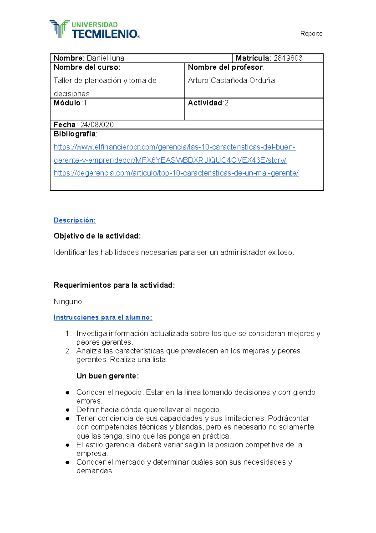 Actividad 2.- Taller DE Planeación.- Daniel LUNA - Reporte Nombre ...
