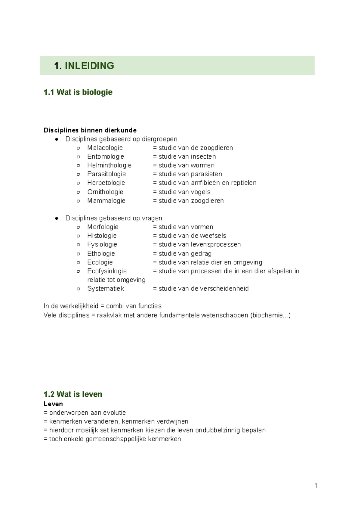 Les 1 : Inleidinsles Dierkunde - 1 1 Wat Is Biologie Disciplines Binnen ...