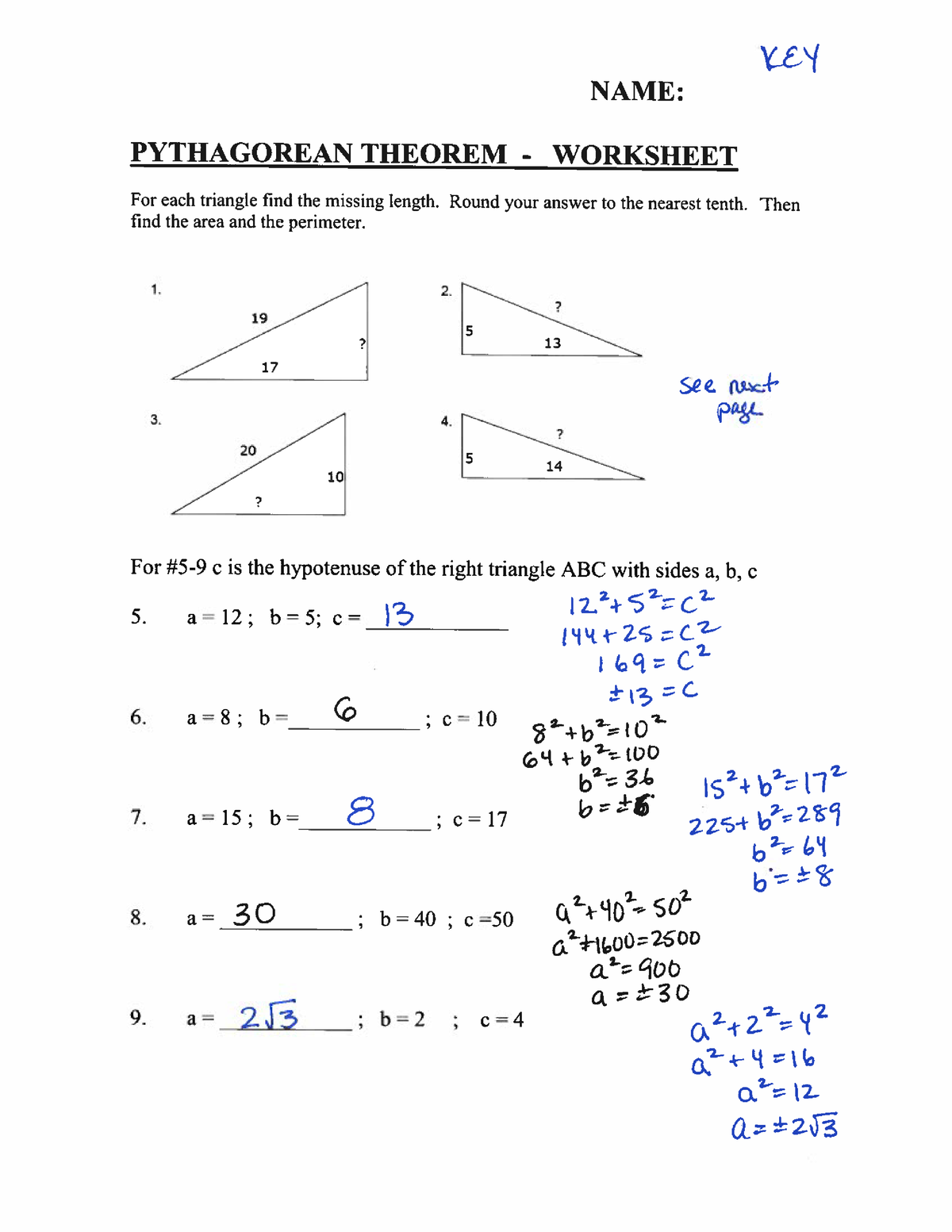 pythagorean theorem graded assignment answer key