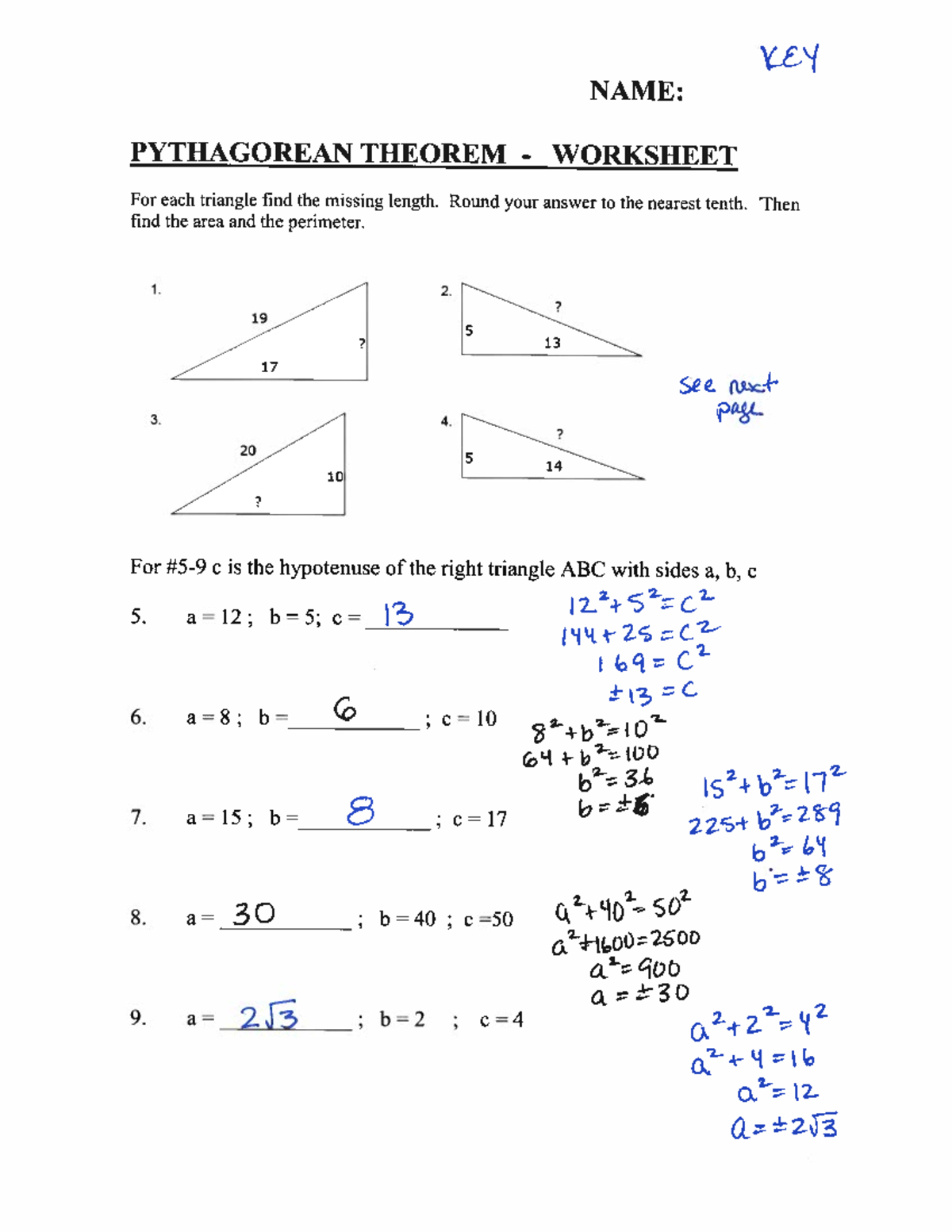 8th Grade Pythagorean Theorem Worksheet Answer Key