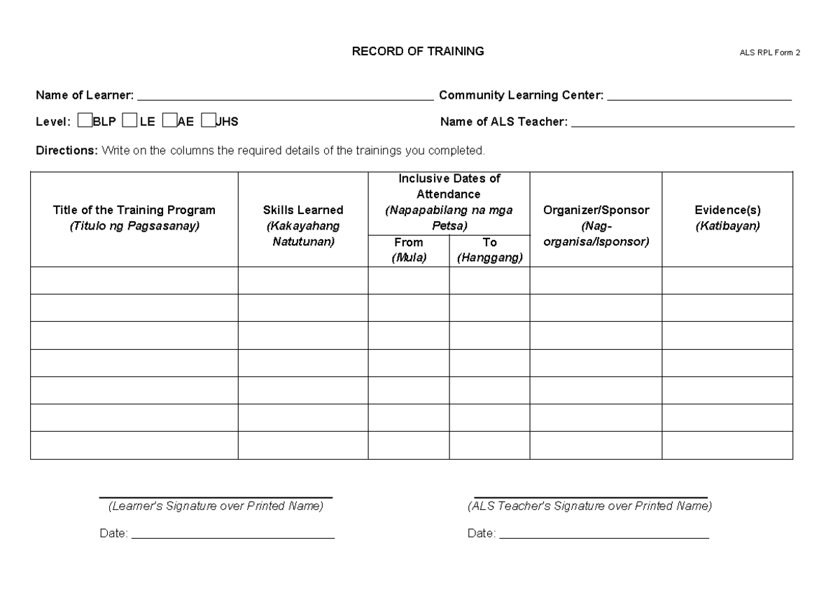 RPL-Form-2 - rpl - RECORD OF TRAINING ALS RPL Form 2 Name of Learner ...