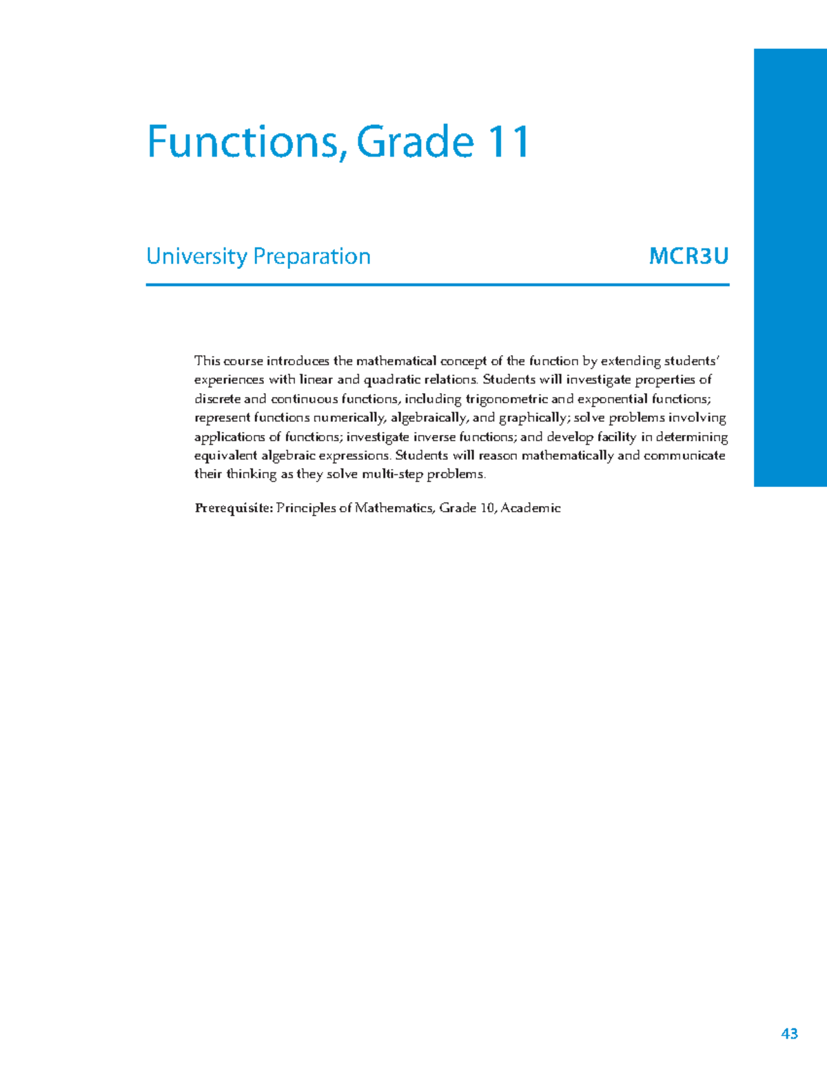 Curriculum Document MCR3U - Functions, Grade 11 University Preparation ...
