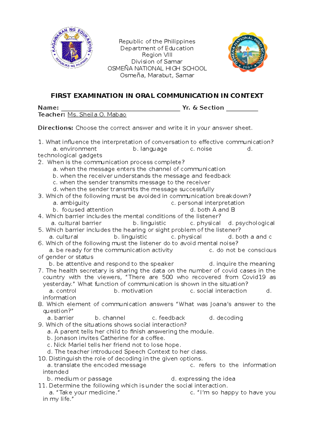 First Examination IN ORAL Communication IN Context - Republic of the ...