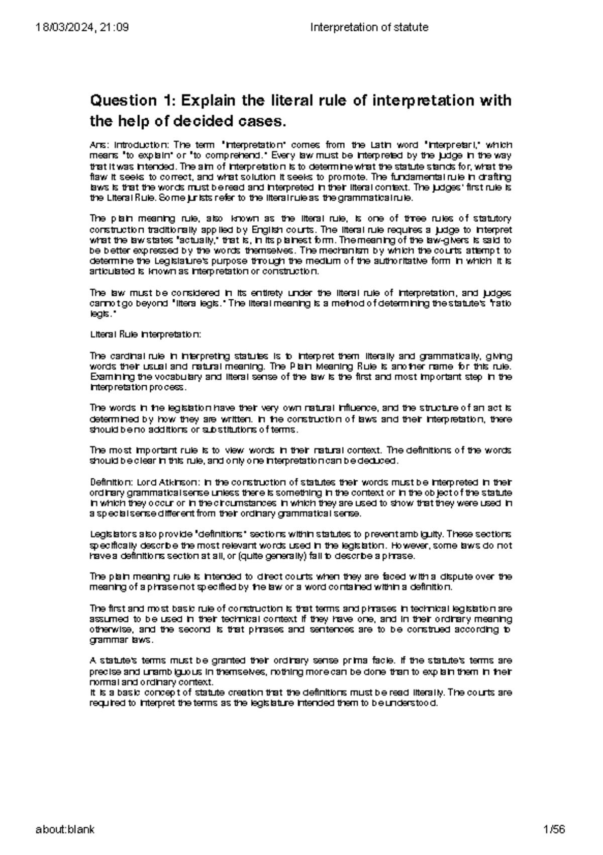 Interpretation of statute - Question 1: Explain the literal rule of ...
