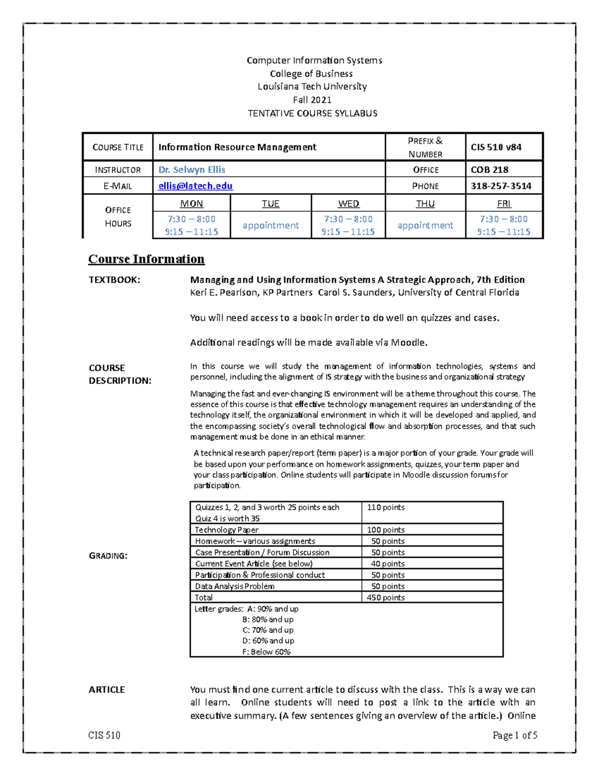 Syllabus 510Fall2021 v84 - Computer Information Systems College of ...