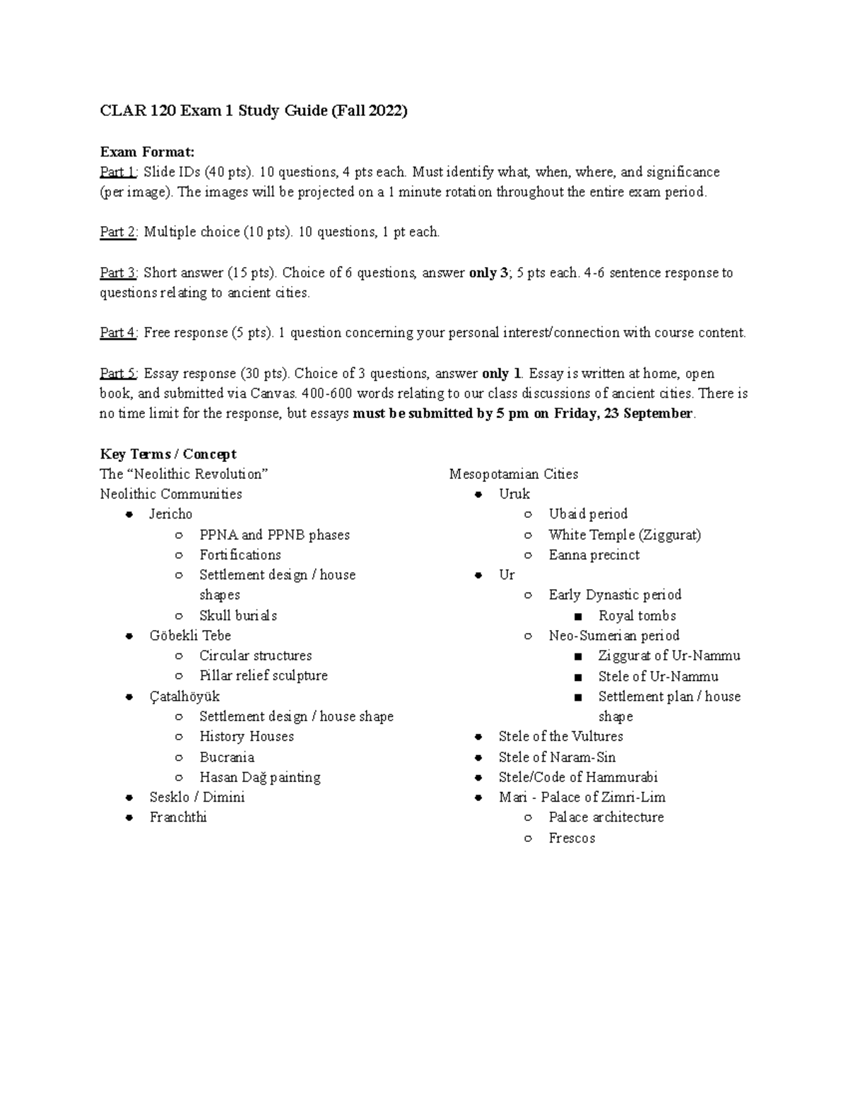 Exam 1 Study Guide - CLAR 120 Exam 1 Study Guide (Fall 2022) Exam ...