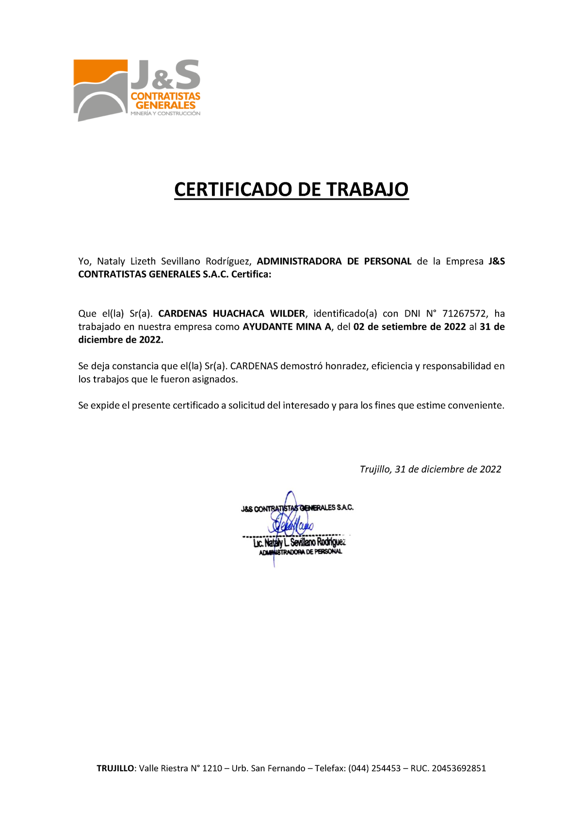 Certificado de trabajo Cardenas Huachaca - TRUJILLO: Valle Riestra N∞ ...