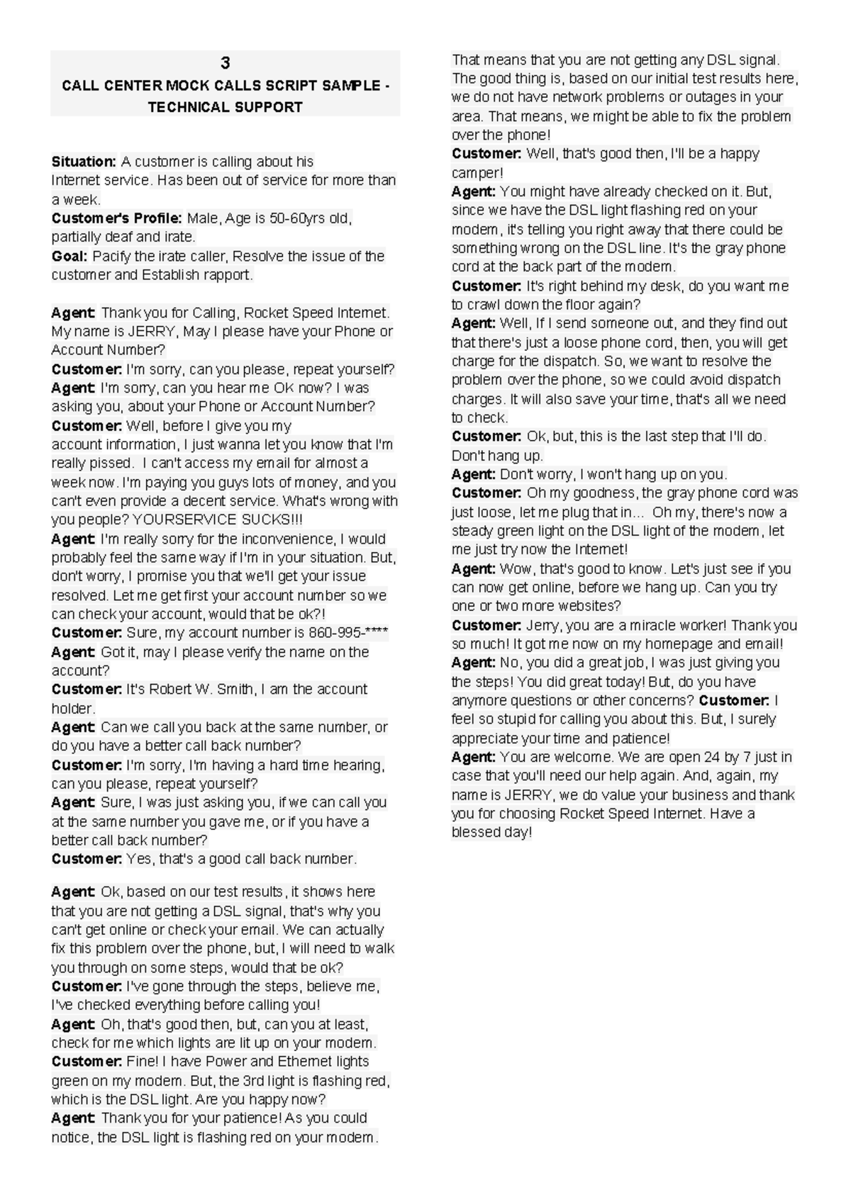 Call center mock calls script sample technical support - 3 CALL CENTER ...