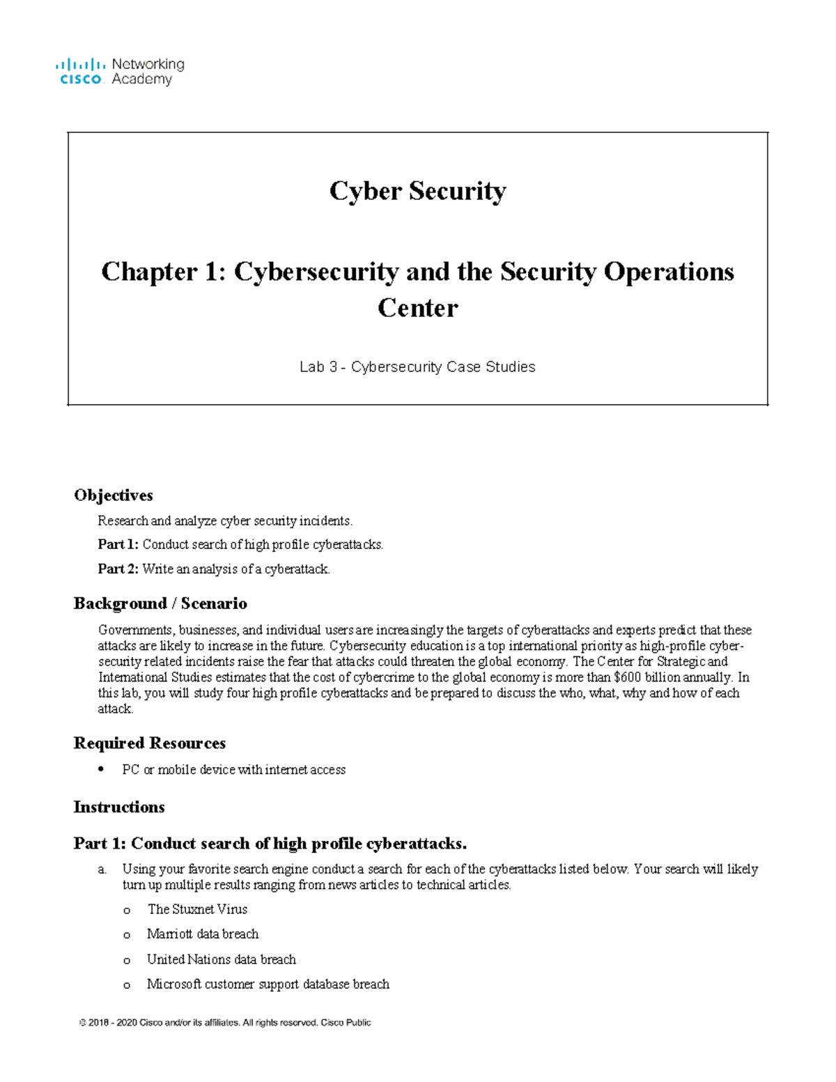 Lab 3 - Cyber Security Chapter 1: Cybersecurity and the Security ...