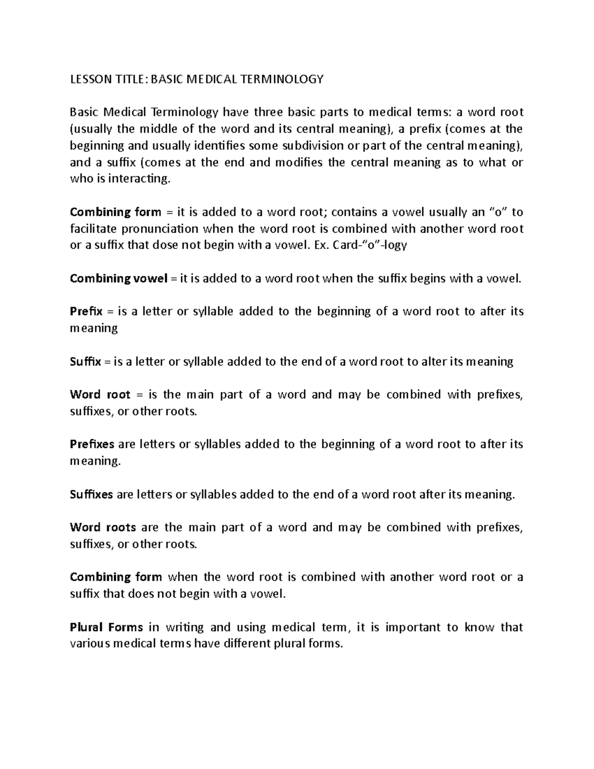 Lesson Title - ASSIGNMENT - LESSON TITLE: BASIC MEDICAL TERMINOLOGY ...