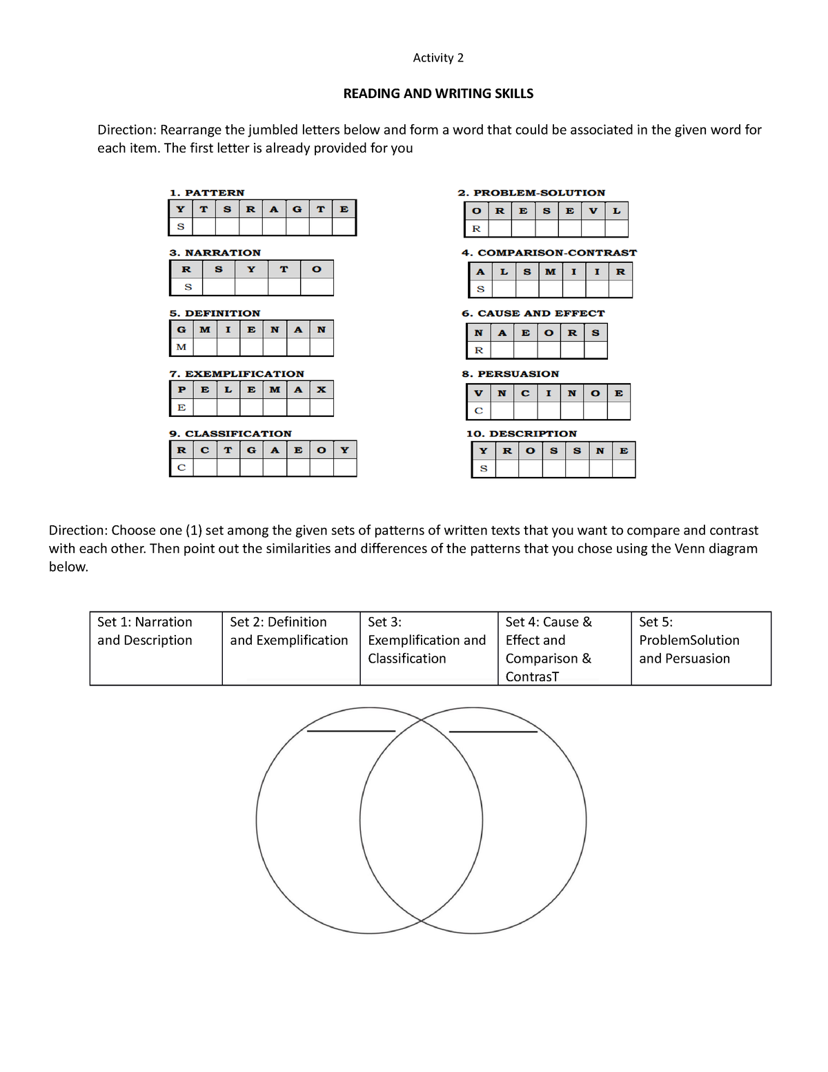 Activity 1 - Activity 2 READING AND WRITING SKILLS Direction: Rearrange ...