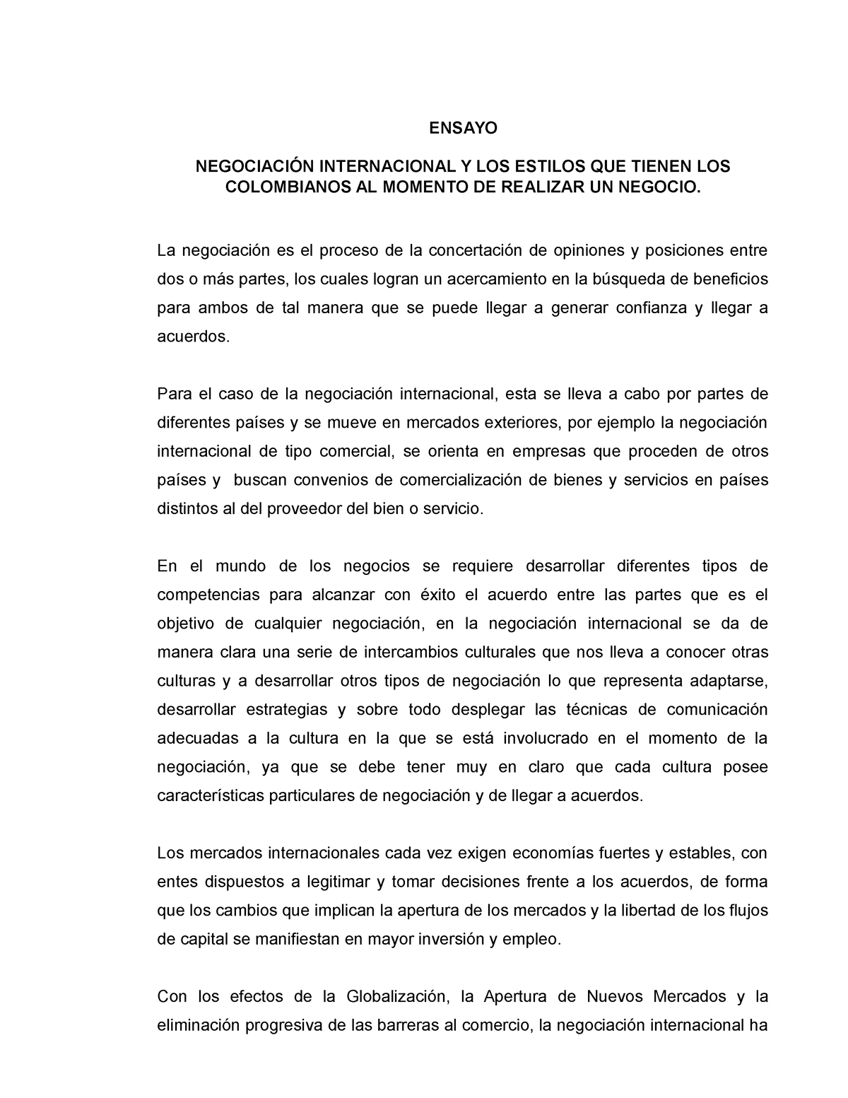 Ensayo Comercio Y Negocios Internacionales Ensayo NegociaciÓn Internacional Y Los Estilos Que 4411