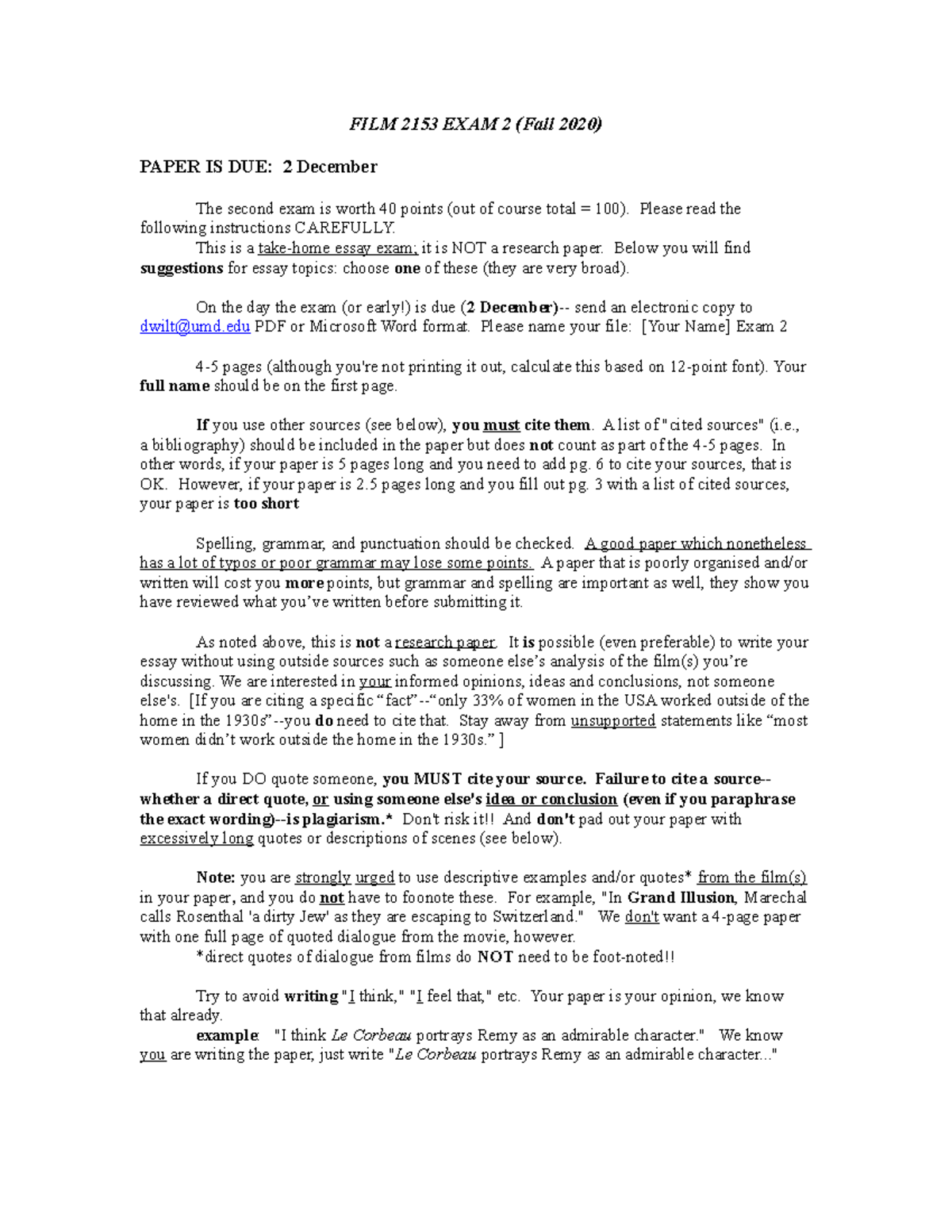 EXAM 2 Fall 2020 Past year assignment FILM 2153 EXAM 2 (Fall 2020