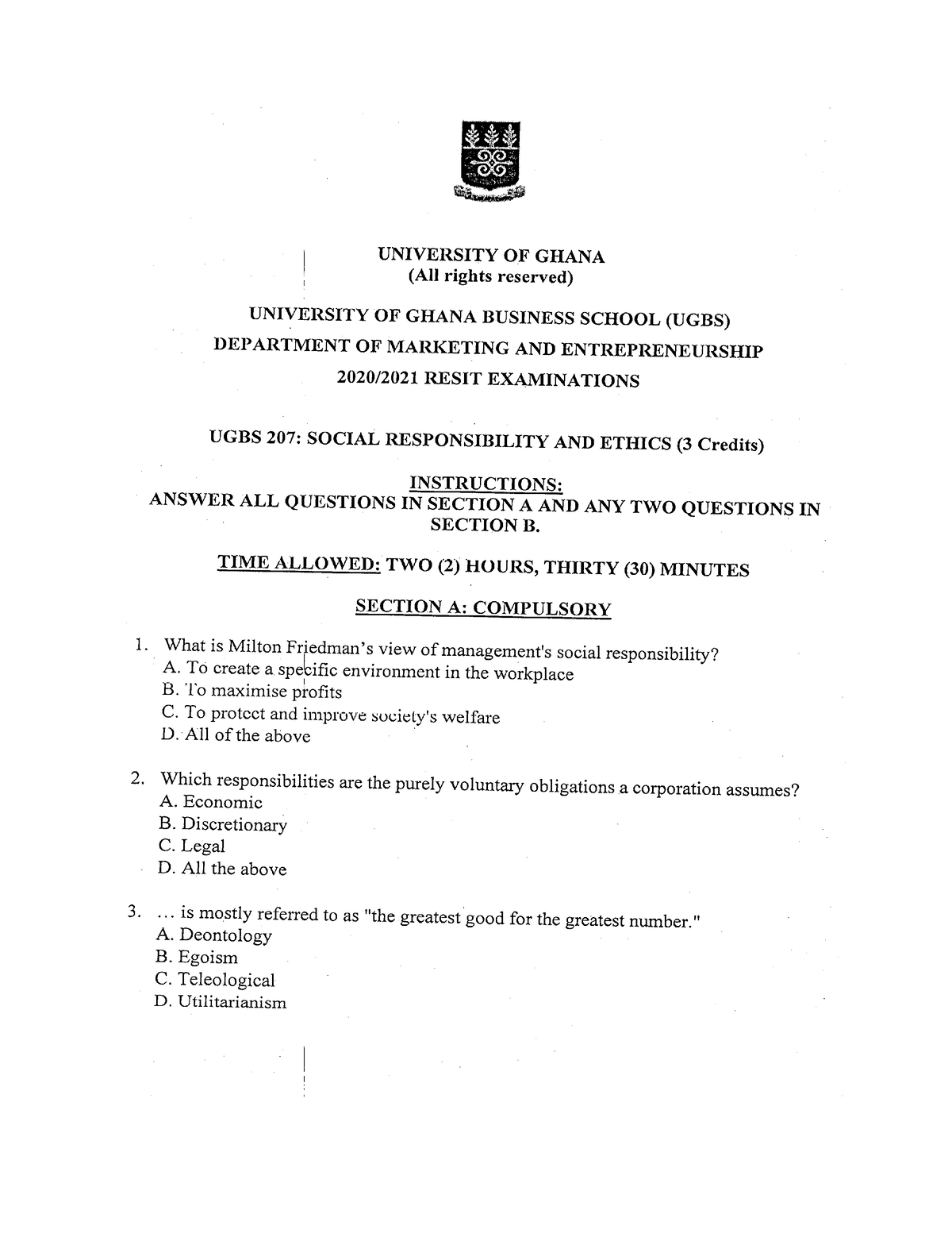 Document Past Questions University Of Ghana All Rights Reserved Ghana Business School 2686