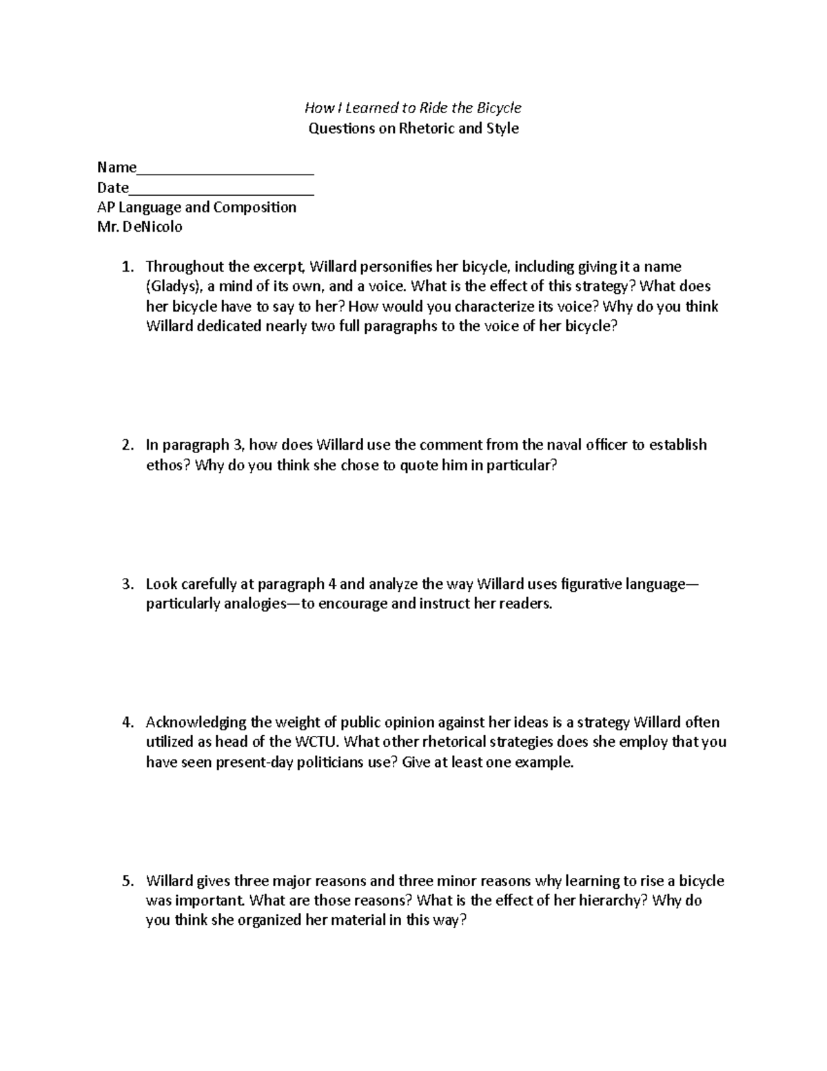 How I Learned to Ride the Bicycle Rhetoric and Style How I Learned