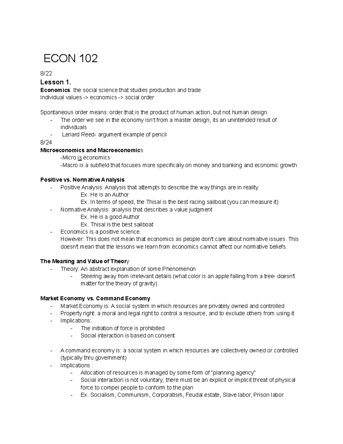 Econ Micro Notes S1 - teacher Dilannni - ECON 102 8/ Lesson 1 ...