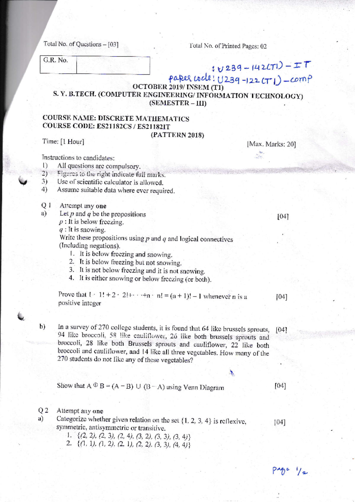 Discrete Mathematics Sem III Pattern 2018 Ex. In Sem T1 October 2019 QP ...