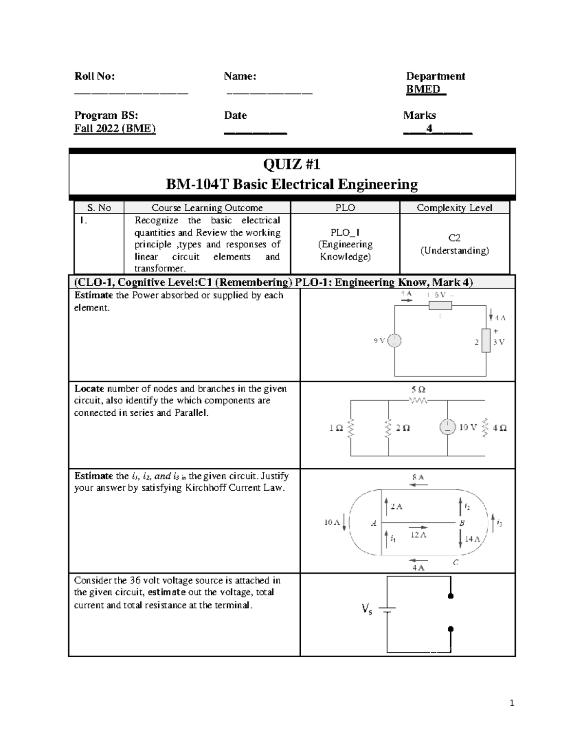 Quiz 1 Fall 23 Bee Basic Electric Circuit Analysis Problems 1