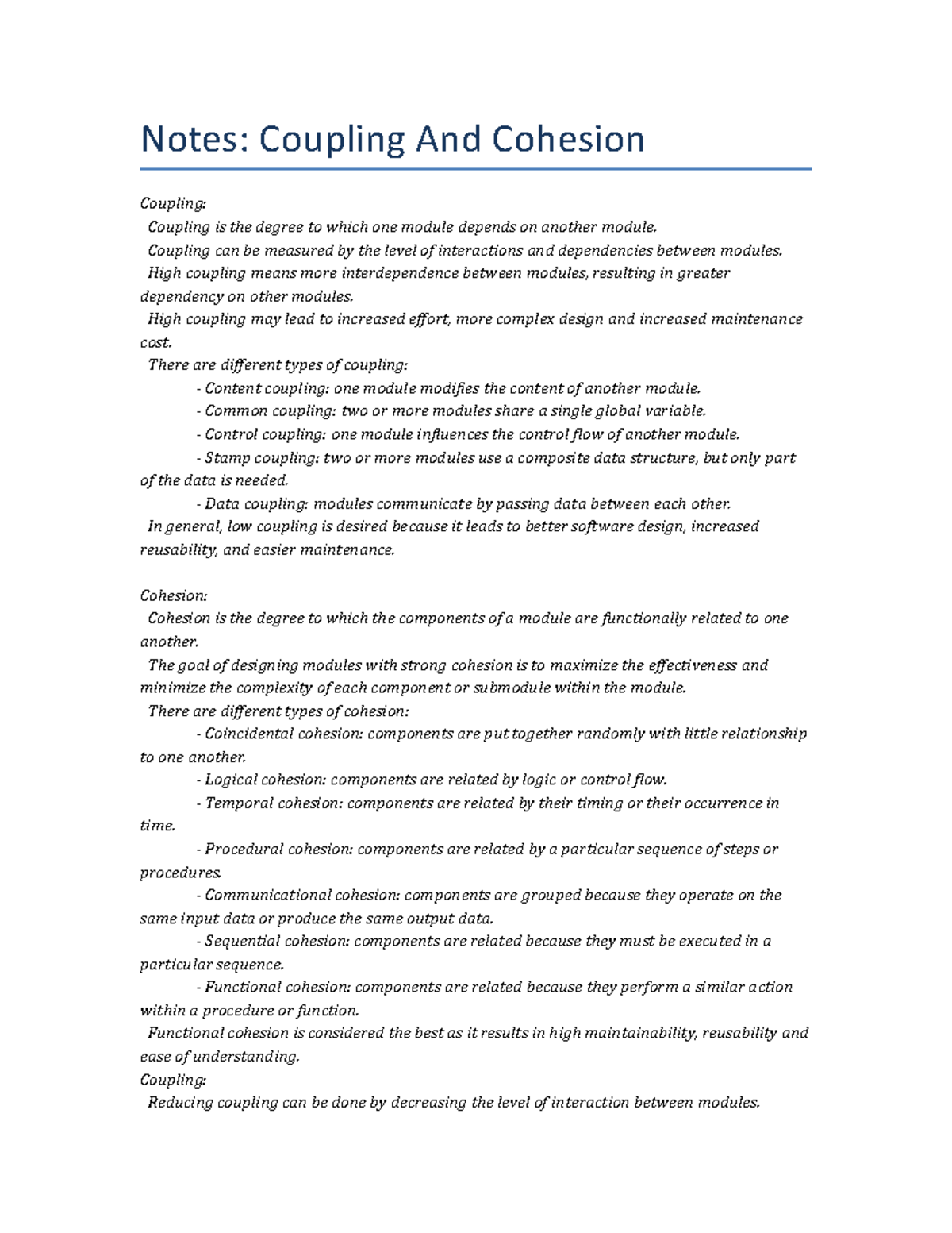 Lecture Notes Coupling And Cohesion Notes Coupling And Cohesion