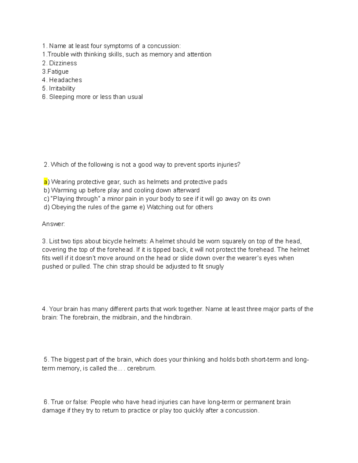 concussion and cte assignment answer key