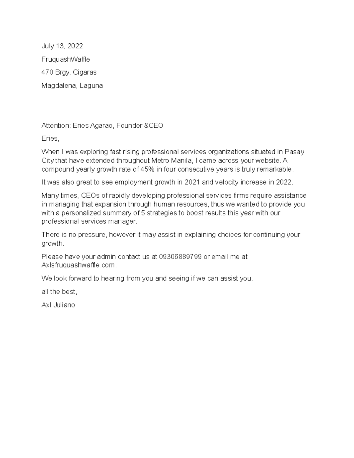 Juliano VHON AXL Direct Mail Sales Letter - July 13, 2022 ...