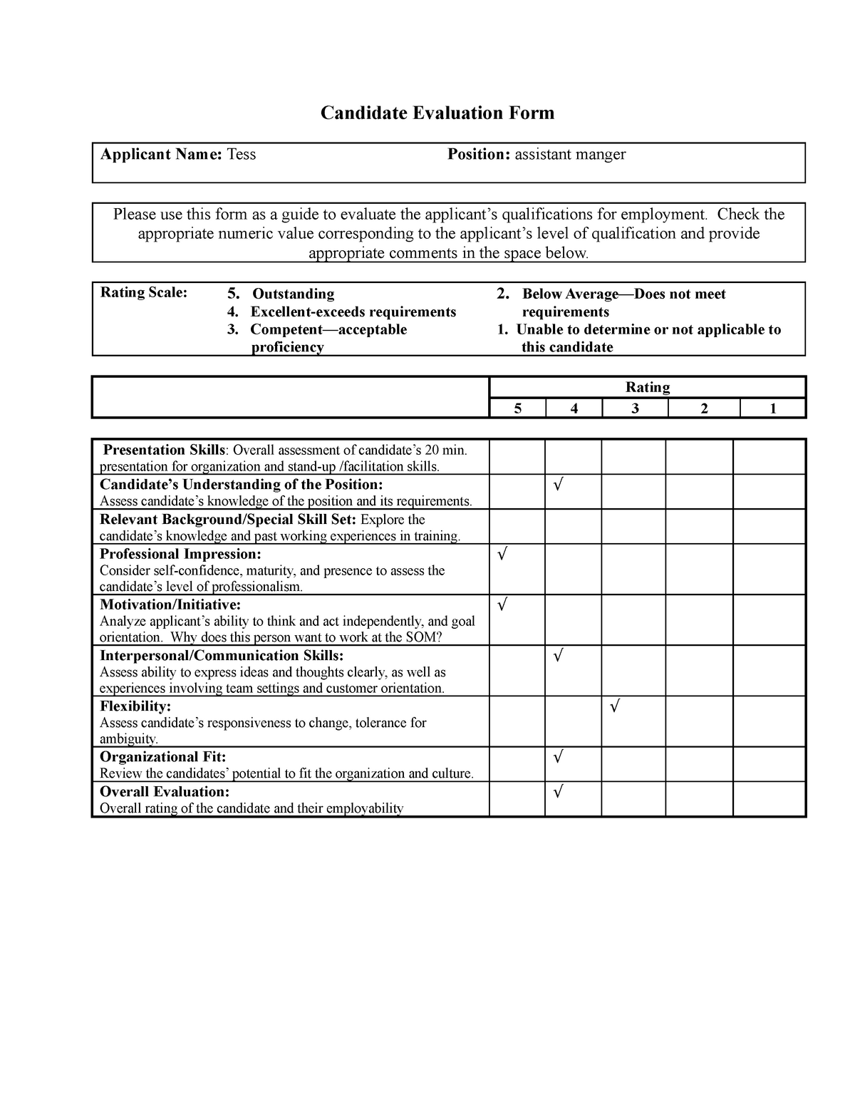Observation Sheet - Candidate Evaluation Form - Candidate Evaluation ...
