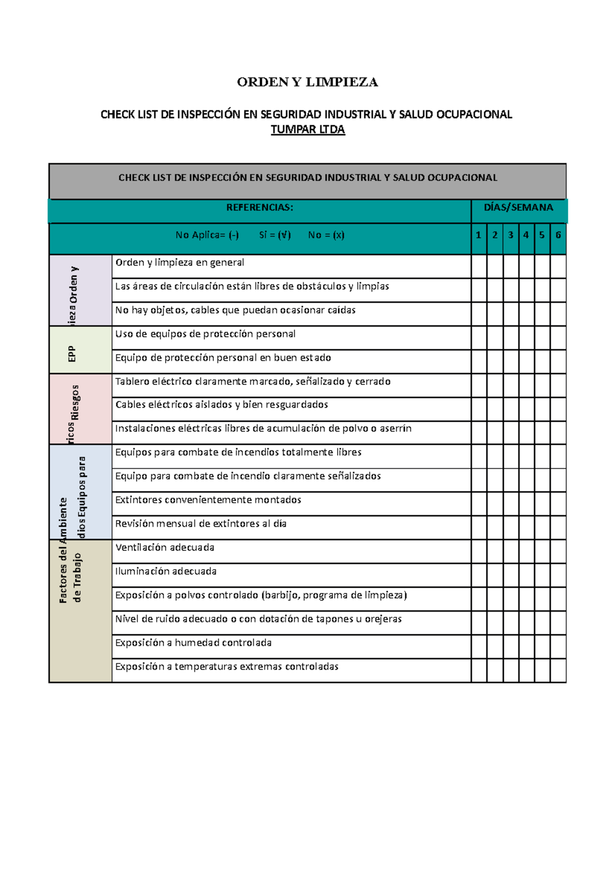 planillas de seguridad - CHECK LIST DE INSPECCIÓNORDEN Y LIMPIEZA EN