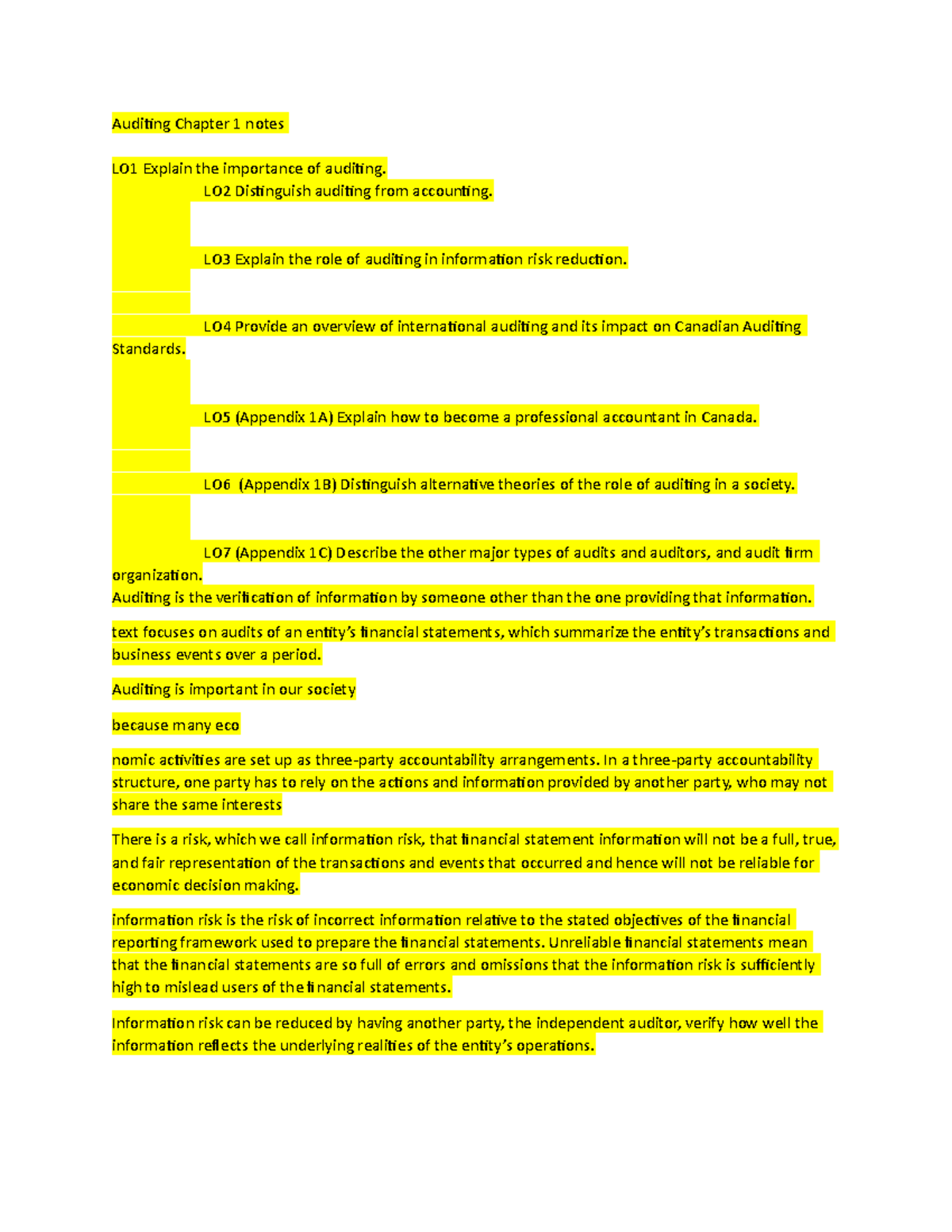 Audit Chapter 1 notes - Auditing Chapter 1 notes LO1 Explain the ...