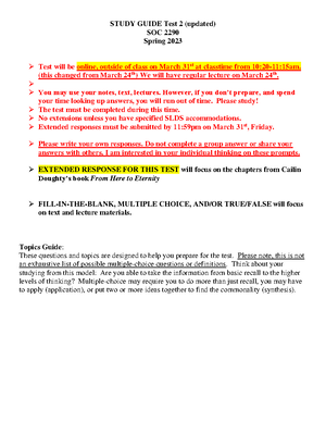 Exam Study Guide 1 - STUDY GUIDE Spring 2023 SOC 2290 Test • Topics ...