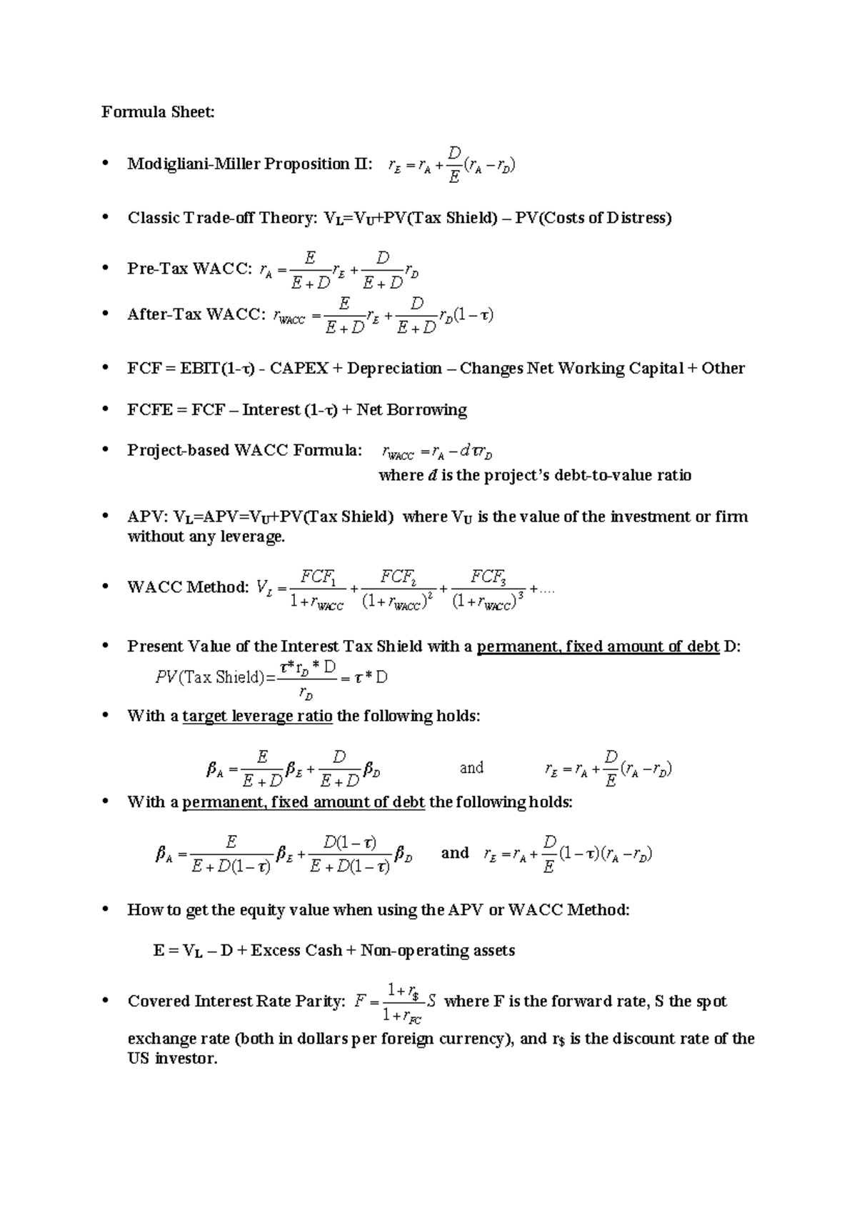 Formuleblad Corporate Finance Formula Sheet Modigliani Miller Proposition Ii Rerad E Ra 9736