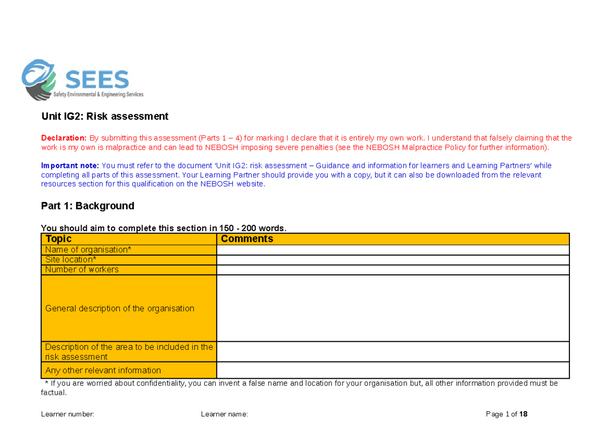 IG2 New Format Sep 2023 Risk - Learner number: Learner name: Page 1 of ...