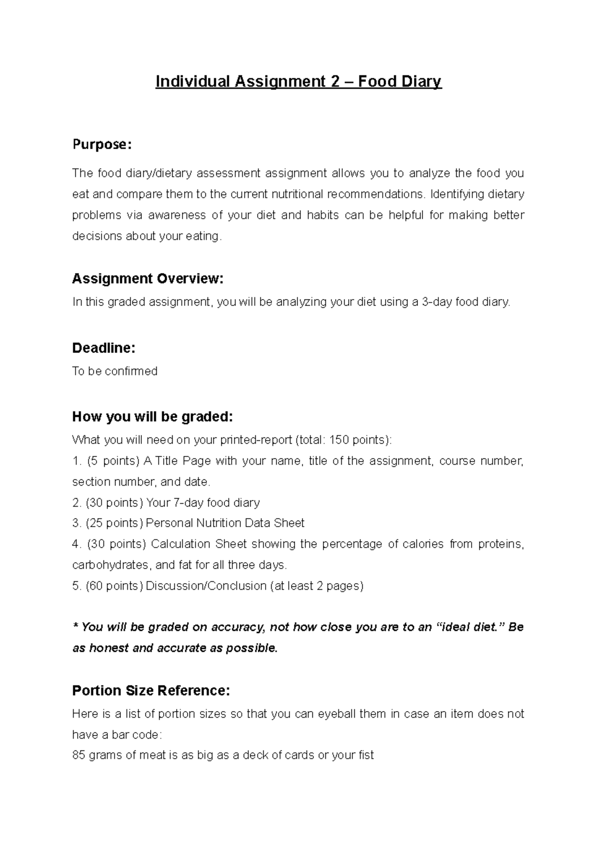 4HMD 329 Assignment 2 - Individual Assignment 2 – Food Diary Purpose ...