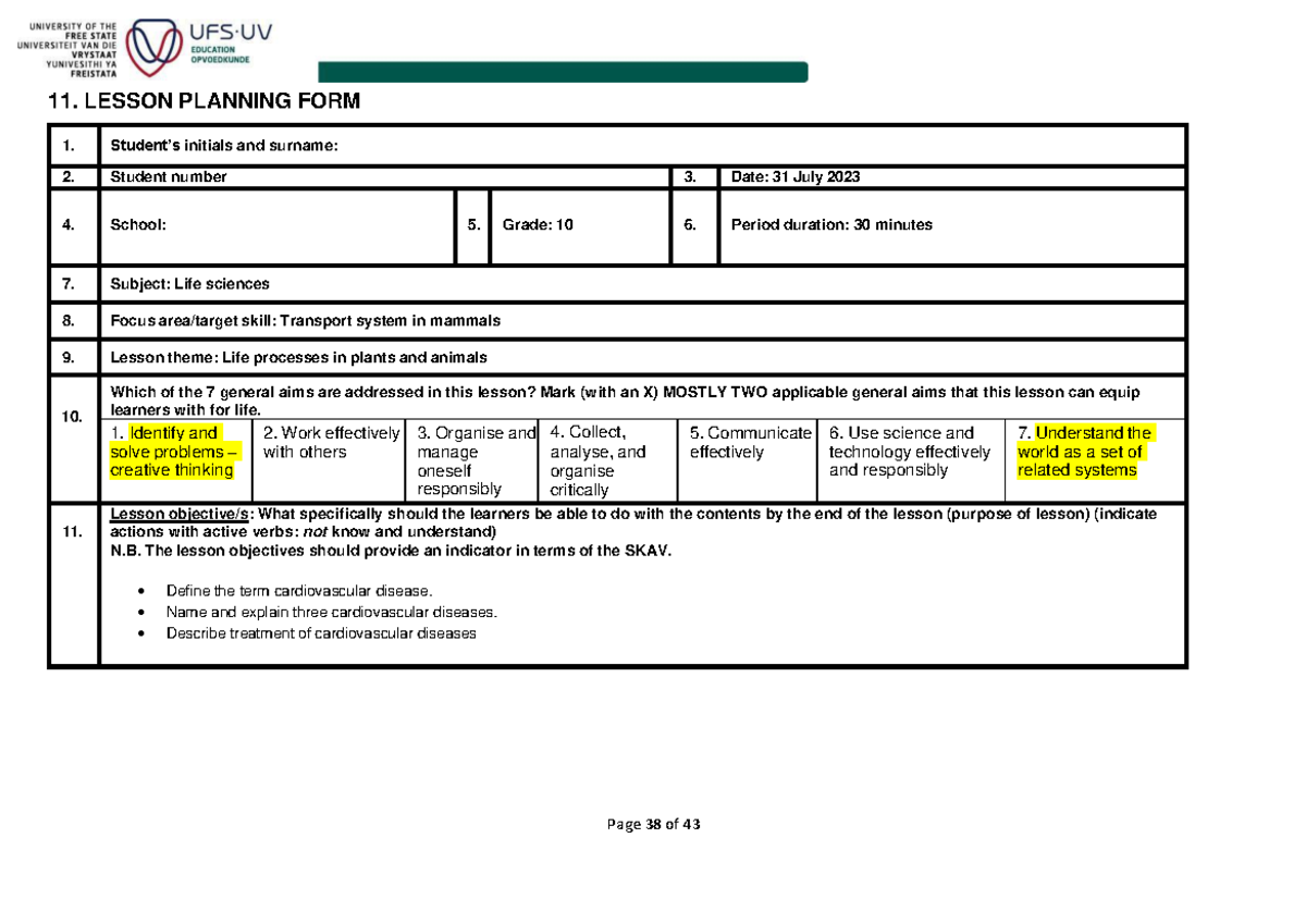 Lesson plan example - 11. LESSON PLANNING FORM 1. Student’s initials ...