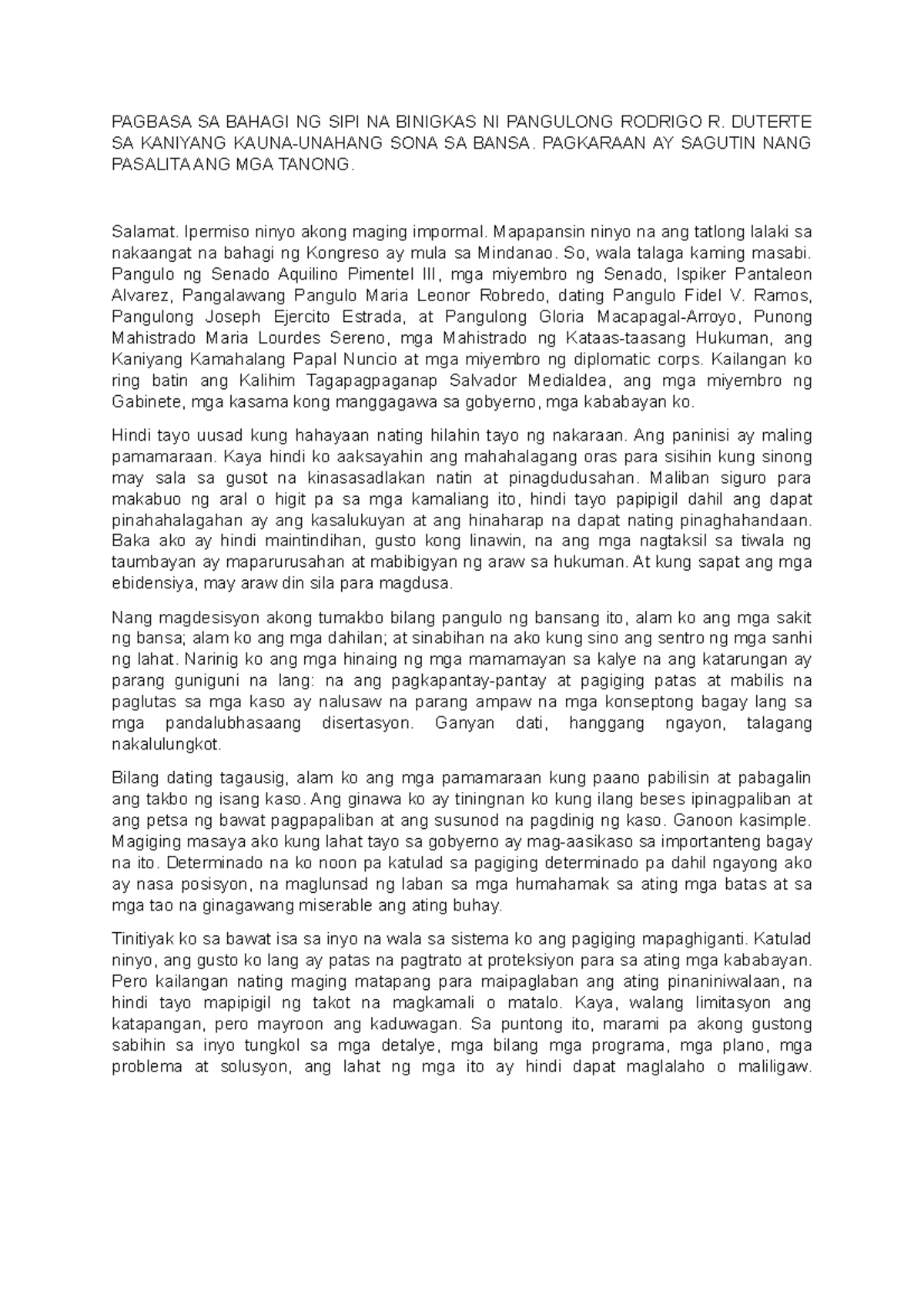 SIPI - none - PAGBASA SA BAHAGI NG SIPI NA BINIGKAS NI PANGULONG ...