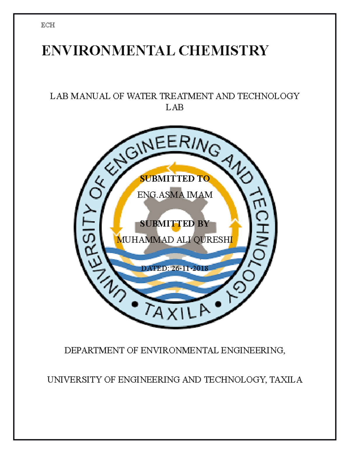 ECH LAB 32 It's a lab report ENVIRONMENTAL CHEMISTRY LAB MANUAL OF