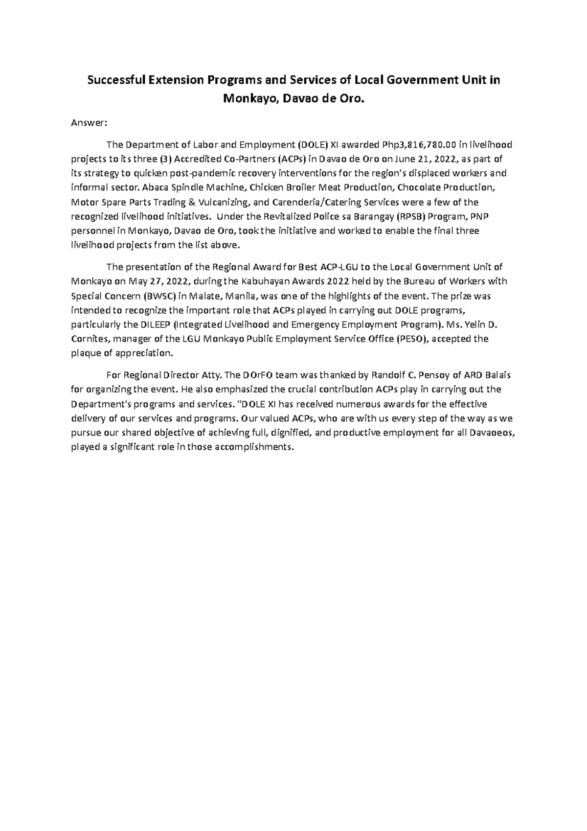 Successful Extension Programs and Services of Local Government Unit in ...